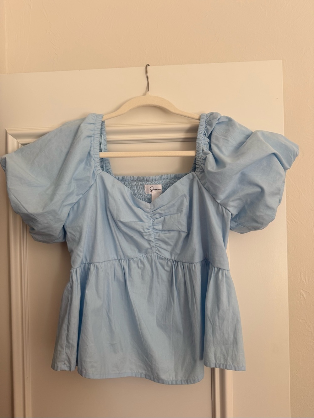 Light Blue Smocked Puff Sleeve Blouse - Large